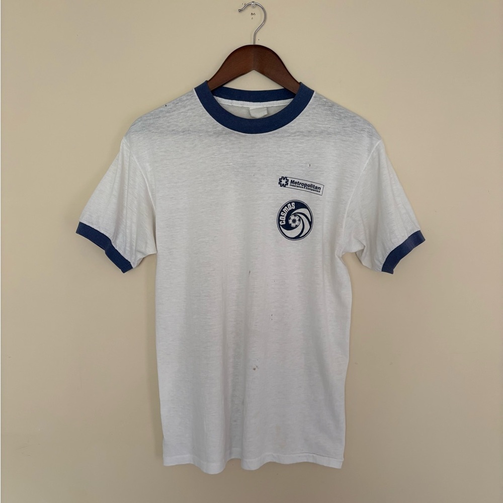 New York Cosmos 1980s Vintage White Men's T-Shirt Metropolitan Insurance